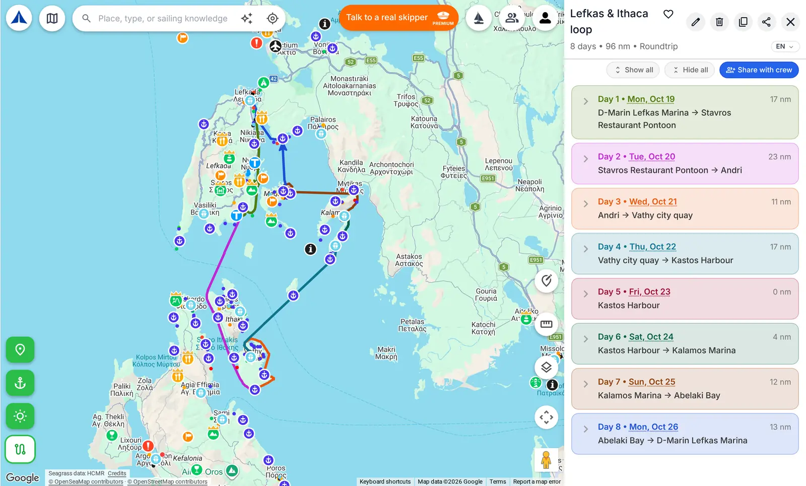 My First Mate's map with an 8-day itinerary around Lefkas and Ithaca: each day's leg in its own colour, beside the day-by-day list